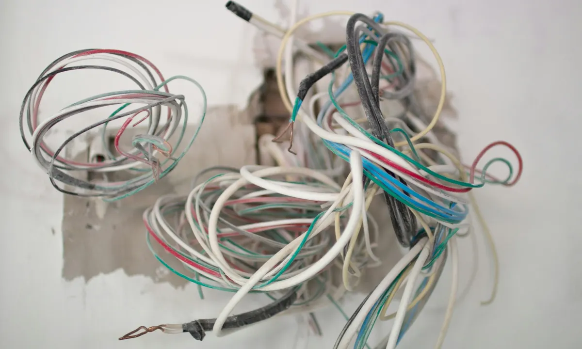 Tangled low-voltage wires before cleanup and remediation