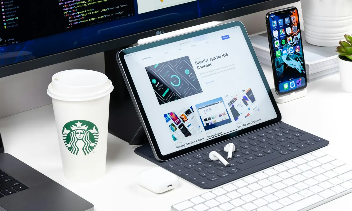 Desktop monitor and tablet hardware setup on a workstation