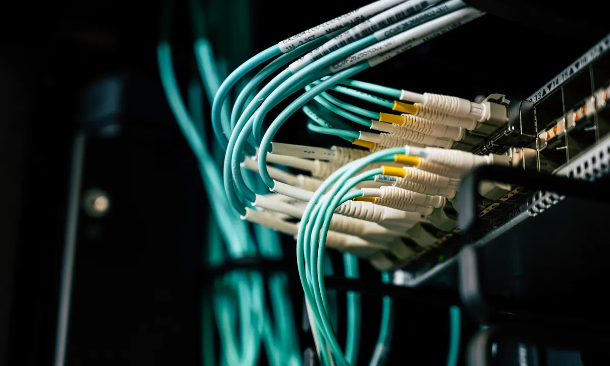 Fiber-optic network cabling connected in a rack-mounted patch panel